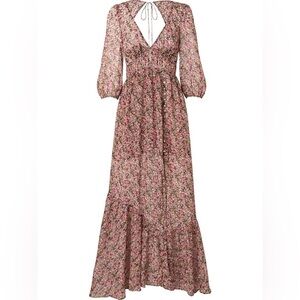 For Love & Lemons 🌸 FLL Sadie Backless V Neck Floral Slit 3/4 Sleeve Maxi Dress